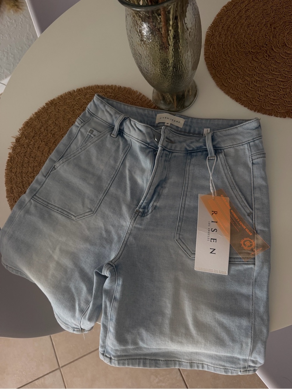 RISEN High-Waisted Light Wash Denim Shorts